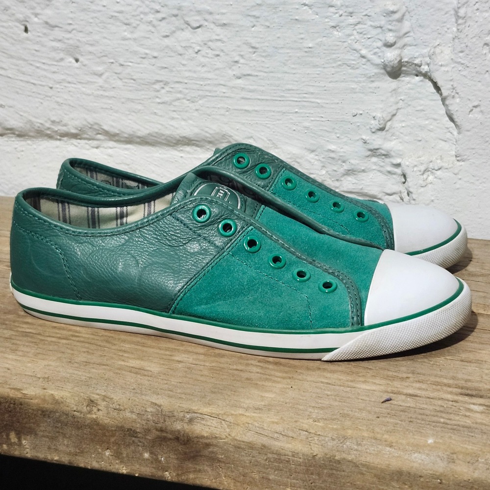 Coach 90s Mika Green Leather Suede Embossed Logo Low Top Sneaker Women 9 Cap Toe